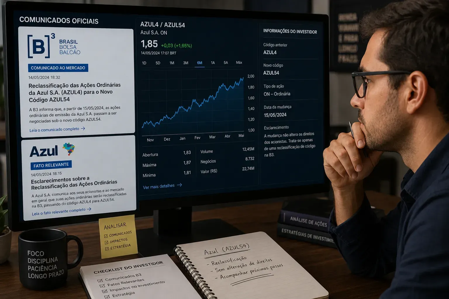 Mudanças de ticker exigem leitura dos comunicados oficiais para evitar interpretações erradas. - Fonte: Imagem gerada por IA (DALL·E / ChatGPT)