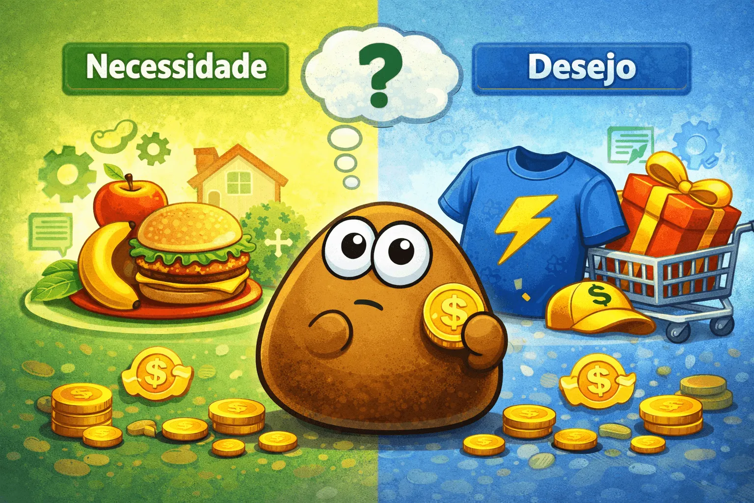 Necessidade vs Desejo: como o Pou ensina a escolher melhor o dinheiro - Imagem: Digital Plane IA