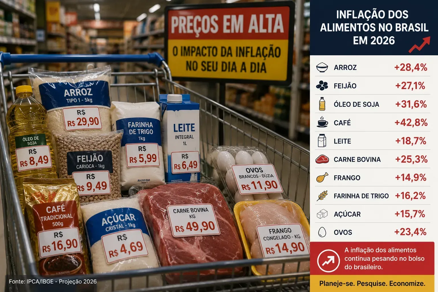 O aumento dos alimentos continua sendo um dos maiores desafios financeiros das famílias brasileiras. - Fonte: Imagem gerada por IA (DALL·E / ChatGPT)
