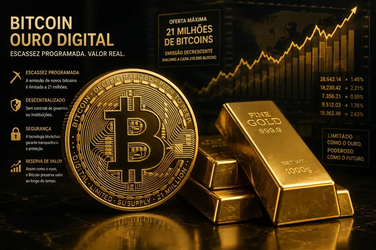 O Bitcoin é frequentemente comparado ao ouro devido à sua escassez programada. - Fonte: Imagem gerada por IA (DALL·E / ChatGPT)