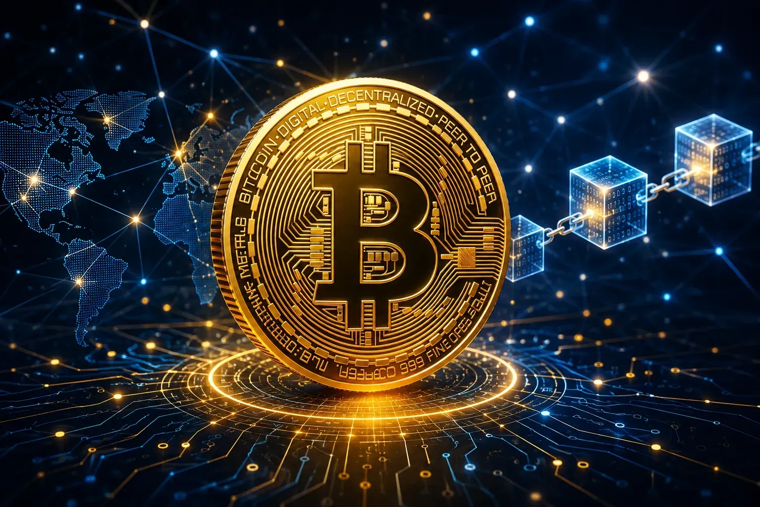 O Bitcoin funciona através de uma rede descentralizada baseada em blockchain. - Fonte: Imagem gerada por IA (DALL·E / ChatGPT)