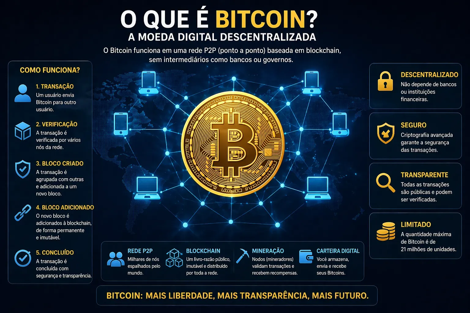 O Bitcoin funciona através de uma rede descentralizada chamada blockchain. - Fonte: Imagem gerada por IA (DALL·E / ChatGPT)