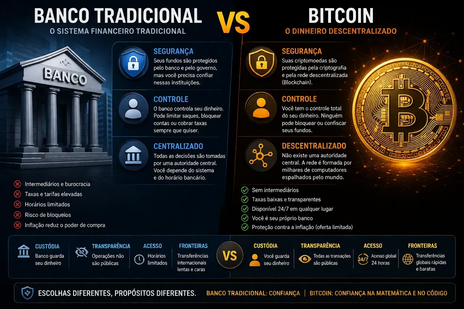 O Bitcoin oferece descentralização, enquanto bancos oferecem controle centralizado. - Fonte: Imagem gerada por IA (DALL·E / ChatGPT)