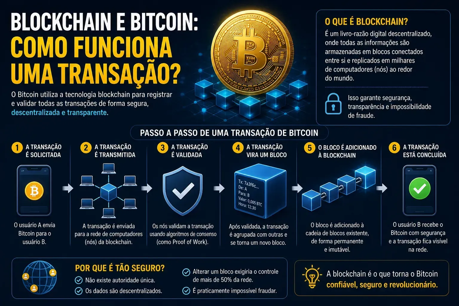 O Bitcoin utiliza a blockchain para registrar transações. - Fonte: Imagem gerada por IA (DALL·E / ChatGPT)
