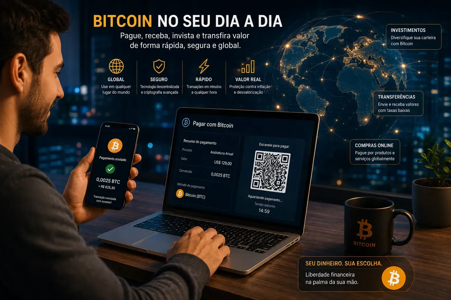 O Bitcoin vai além de investimento e envolve tecnologia financeira global. - Fonte: Imagem gerada por IA (DALL·E / ChatGPT)