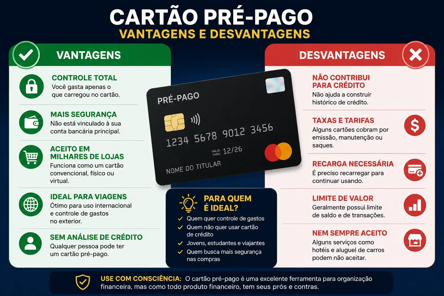 O cartão pré-pago possui vantagens importantes, mas também algumas limitações. - Fonte: Imagem gerada por IA (DALL·E / ChatGPT)