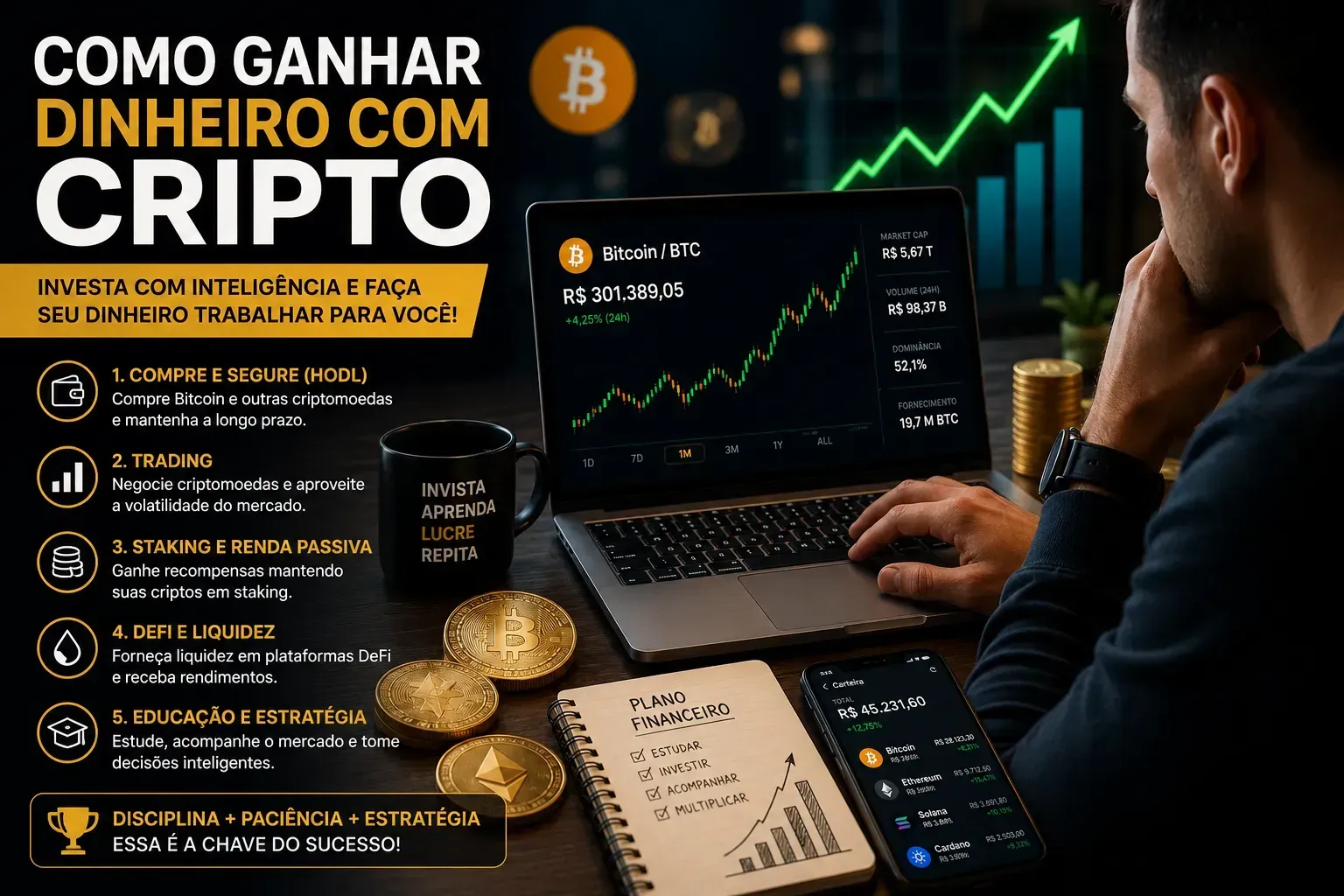 O mercado cripto oferece diferentes formas de ganhar dinheiro, mas exige estratégia e conhecimento. - Fonte: Imagem gerada por IA (DALL·E / ChatGPT)