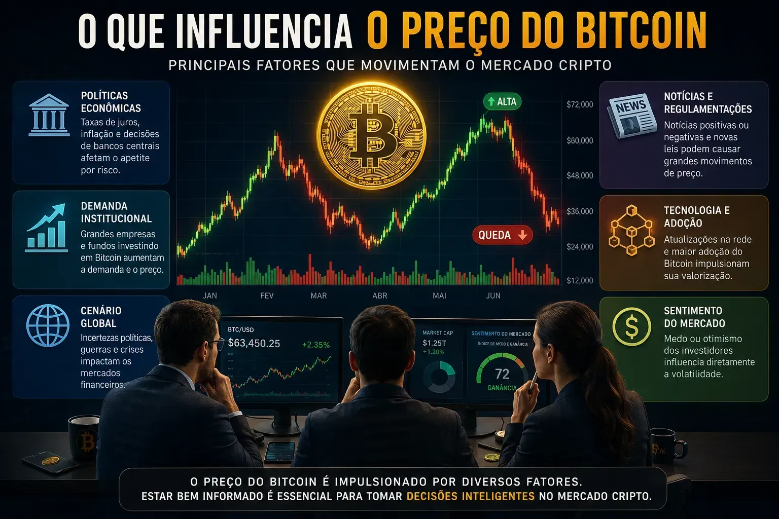 O preço do Bitcoin é influenciado por diversos fatores econômicos, tecnológicos e emocionais. - Fonte: Imagem gerada por IA (DALL·E / ChatGPT)