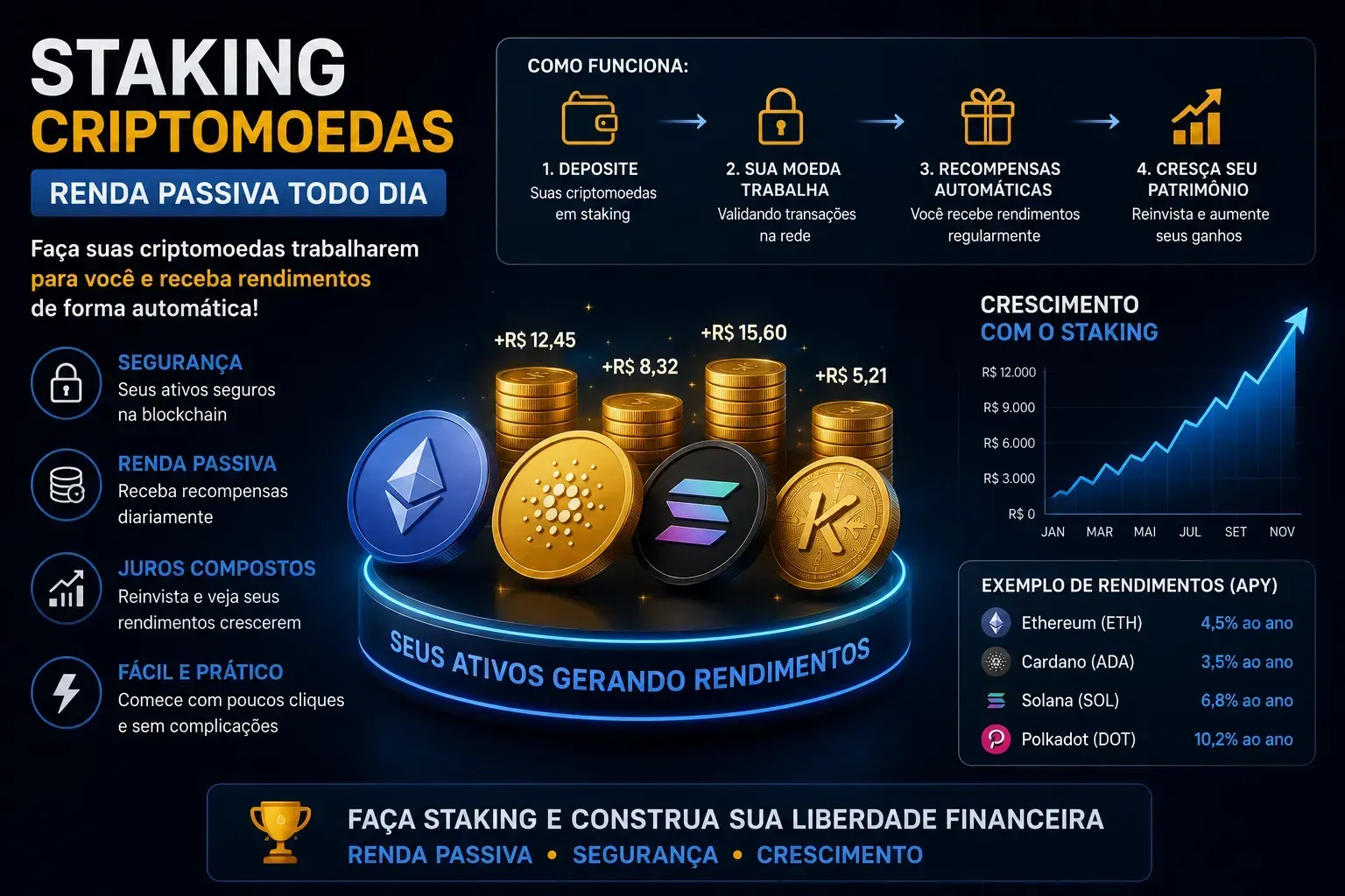 O staking permite gerar renda passiva com algumas criptomoedas. - Fonte: Imagem gerada por IA (DALL·E / ChatGPT)