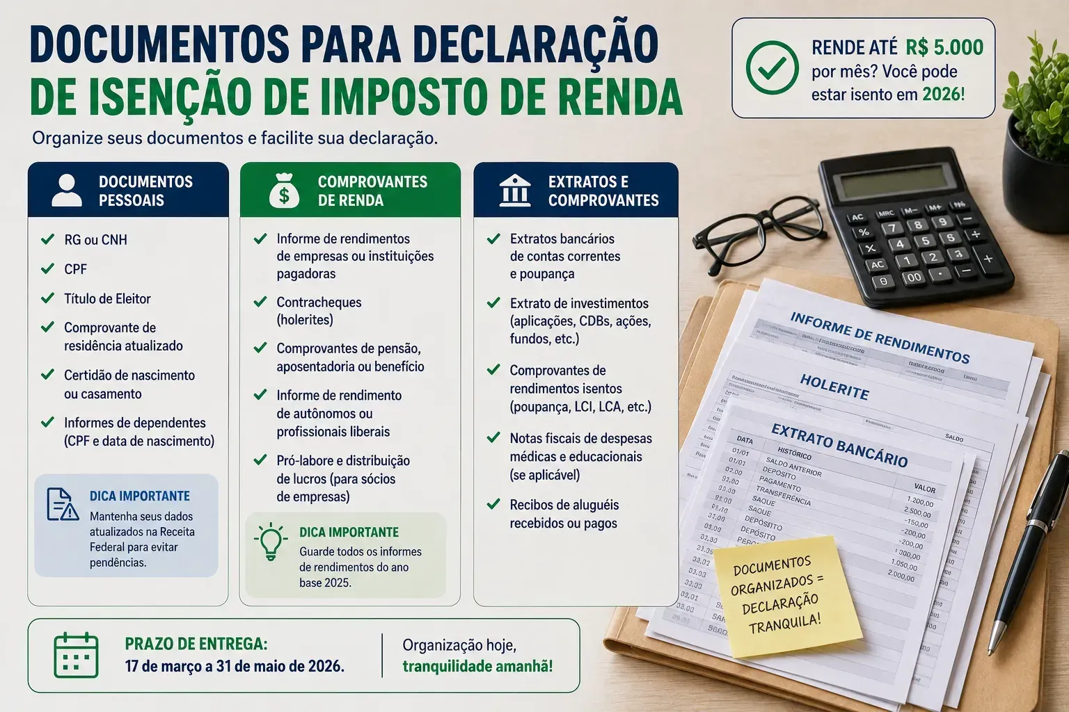 Organização de documentos pessoais, comprovantes de renda e extratos usados para comprovar isenção de Imposto de Renda. - Fonte: Imagem gerada por IA (DALL·E / ChatGPT)