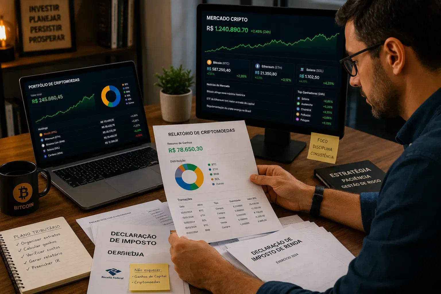 Organização financeira ajuda investidores cripto a evitarem problemas fiscais. - Fonte: Imagem gerada por IA (DALL·E / ChatGPT)