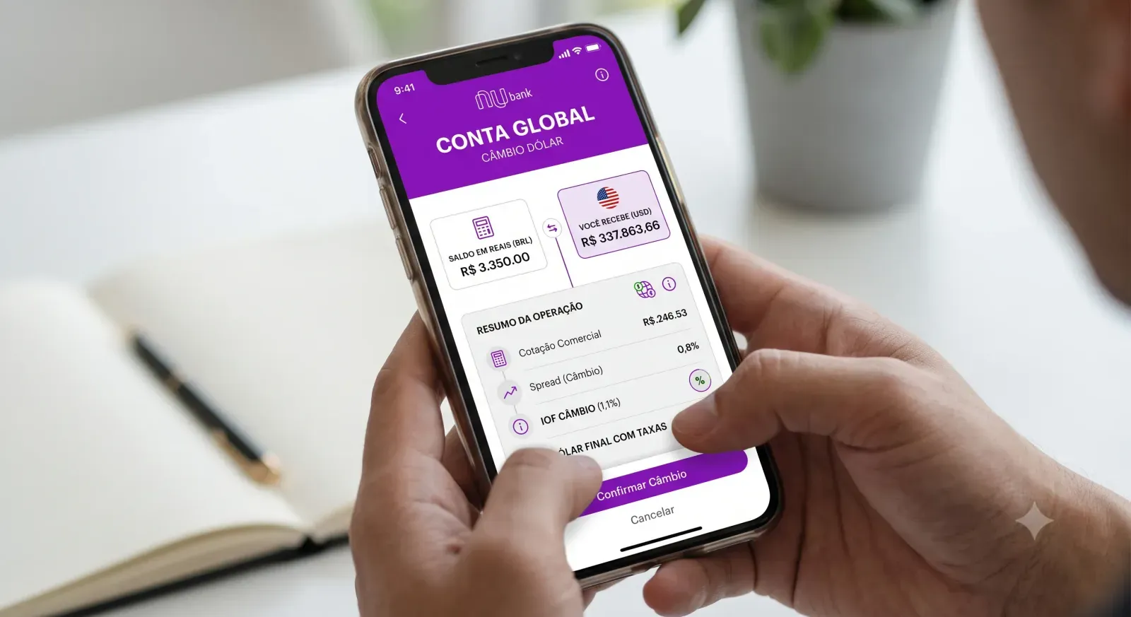 Painel interno de conversão e cotação comercial ativa na funcionalidade da conta global nubank.