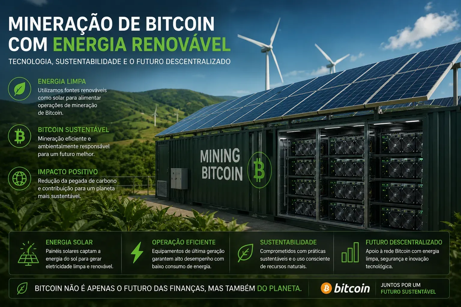 Parte da mineração moderna utiliza fontes renováveis de energia. - Fonte: Imagem gerada por IA (DALL·E / ChatGPT)