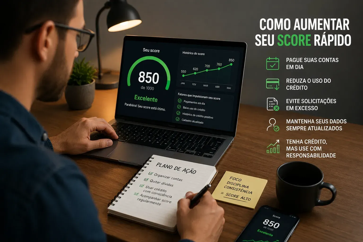 Pequenas ações financeiras ajudam a aumentar as chances de aprovação mesmo com score baixo. - Fonte: Imagem gerada por IA (DALL·E / ChatGPT)