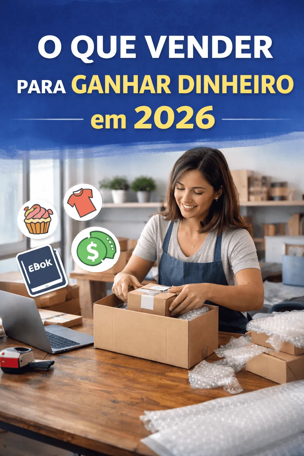 Pessoa embalando produtos para venda online em casa, representando ideias de o que vender para ganhar dinheiro com baixo investimento em 2026 - Fonte: Imagem gerada por IA (DALL·E / ChatGPT)