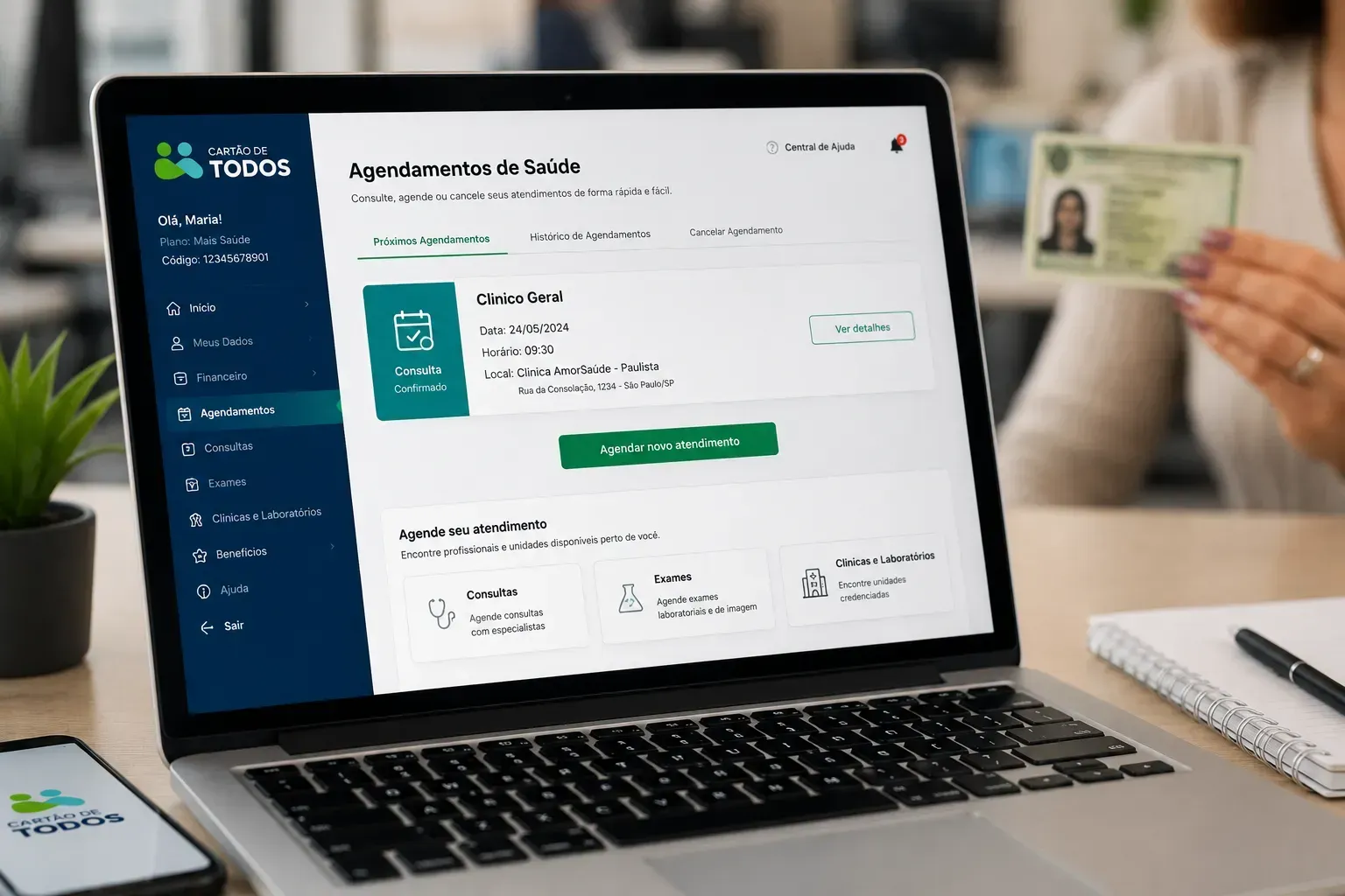 Portal do cliente na versão desktop para gerenciamento e marcação de consultas médicas de toda a família.