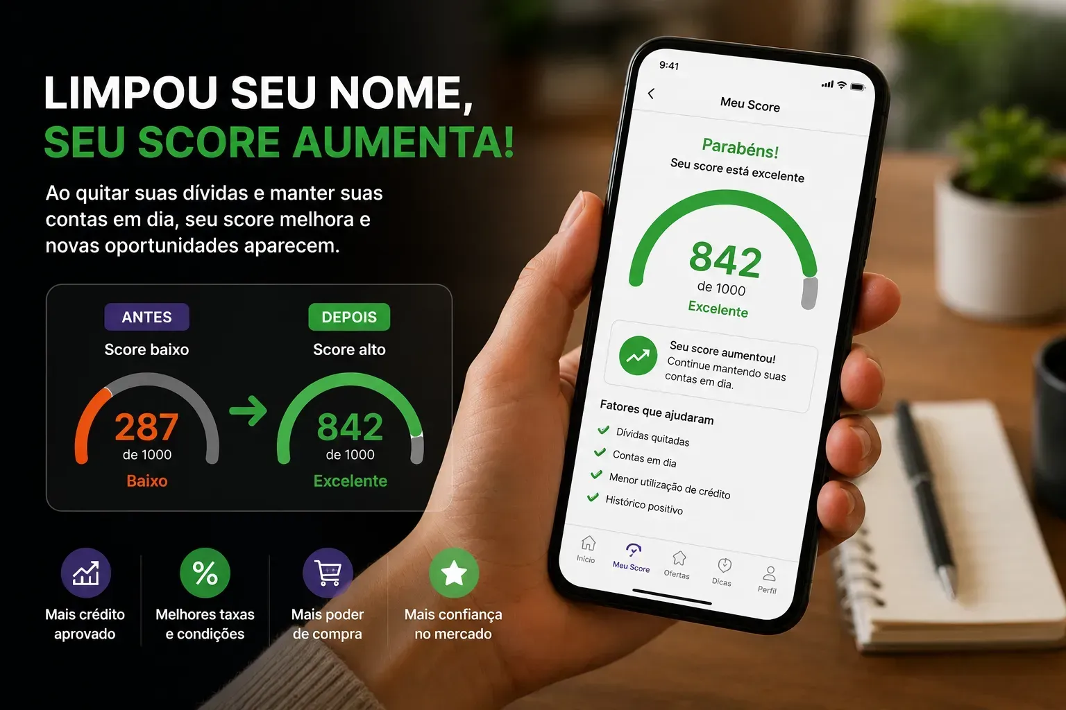 Recuperar score exige consistência financeira e bons hábitos. - Fonte: Imagem gerada por IA (DALL·E / ChatGPT)