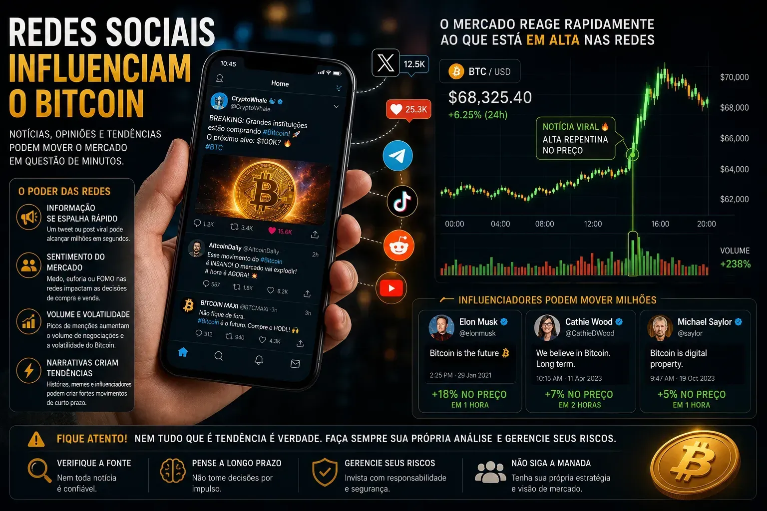 Redes sociais e influenciadores possuem forte impacto no mercado cripto. - Fonte: Imagem gerada por IA (DALL·E / ChatGPT)