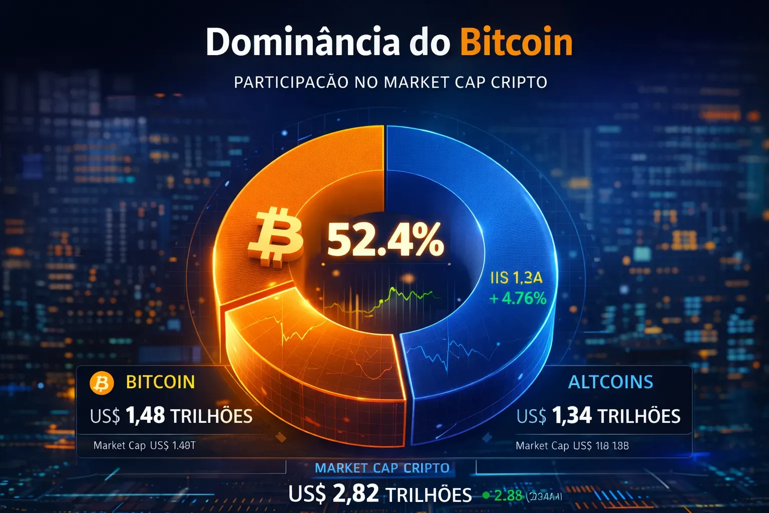 Representação da dominância do Bitcoin em relação ao valor total do mercado de criptomoedas. - Fonte: Imagem gerada por IA (DALL·E / ChatGPT)