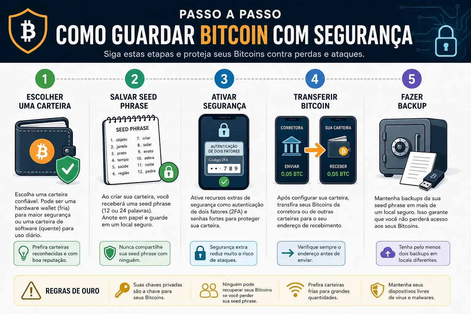 Seguir um processo simples ajuda a reduzir riscos e proteger seus Bitcoins. - Fonte: Imagem gerada por IA (DALL·E / ChatGPT)