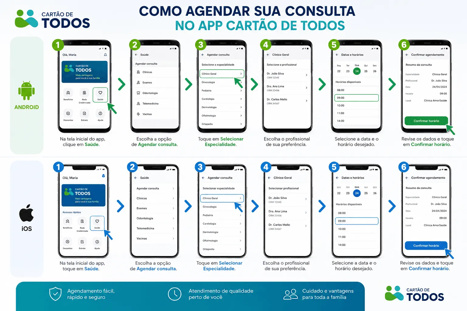 Sequência de telas atualizada do aplicativo móvel para marcação rápida de consultas médicas e odontológicas.