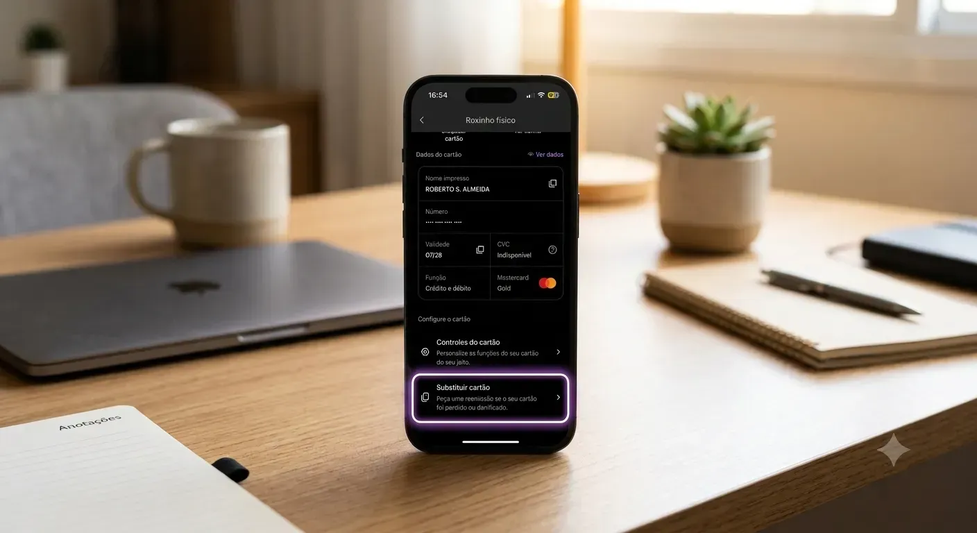Tela de celular mostrando o menu de configuração para solicitar nova via de cartão de crédito