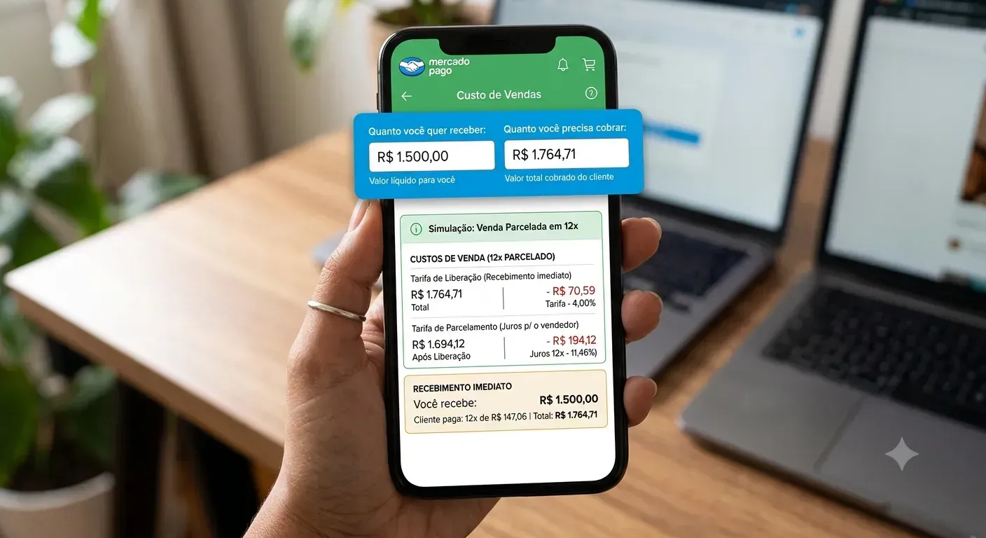 Tela de simulação interna do app, onde é preciso definir quem arcará com as taxas de parcelamento.