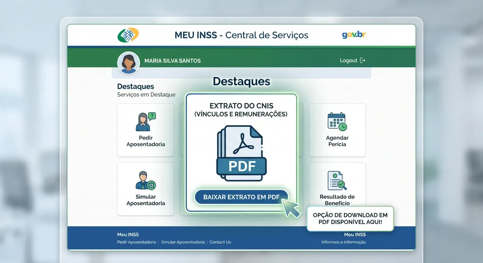 Tela do sistema Meu INSS para emissão do extrato do CNIS INSS atualizado.