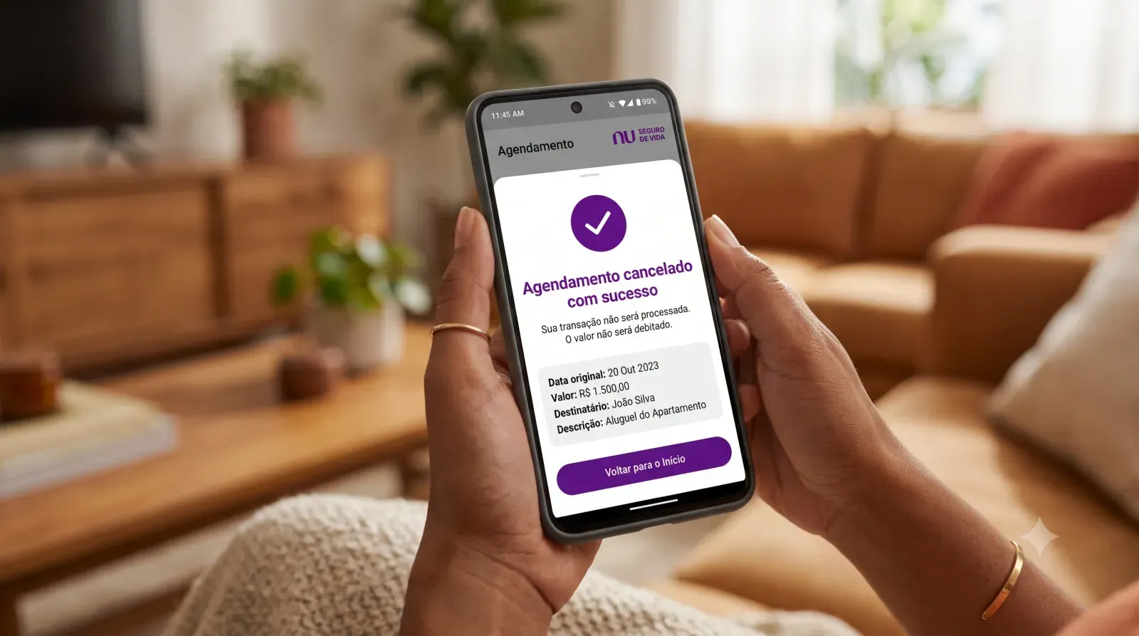Tela final de confirmação no celular ao seguir as etapas de como cancelar pagamento agendado nubank.