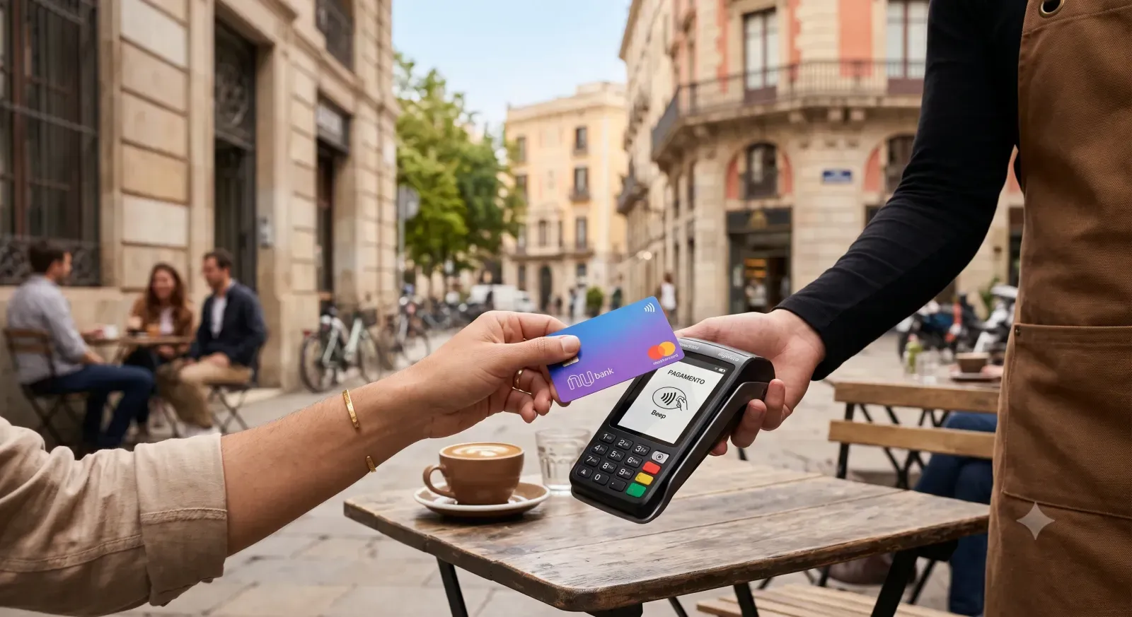 Utilização prática por aproximação do cartão de débito associado à conta global nubank em estabelecimentos internacionais.